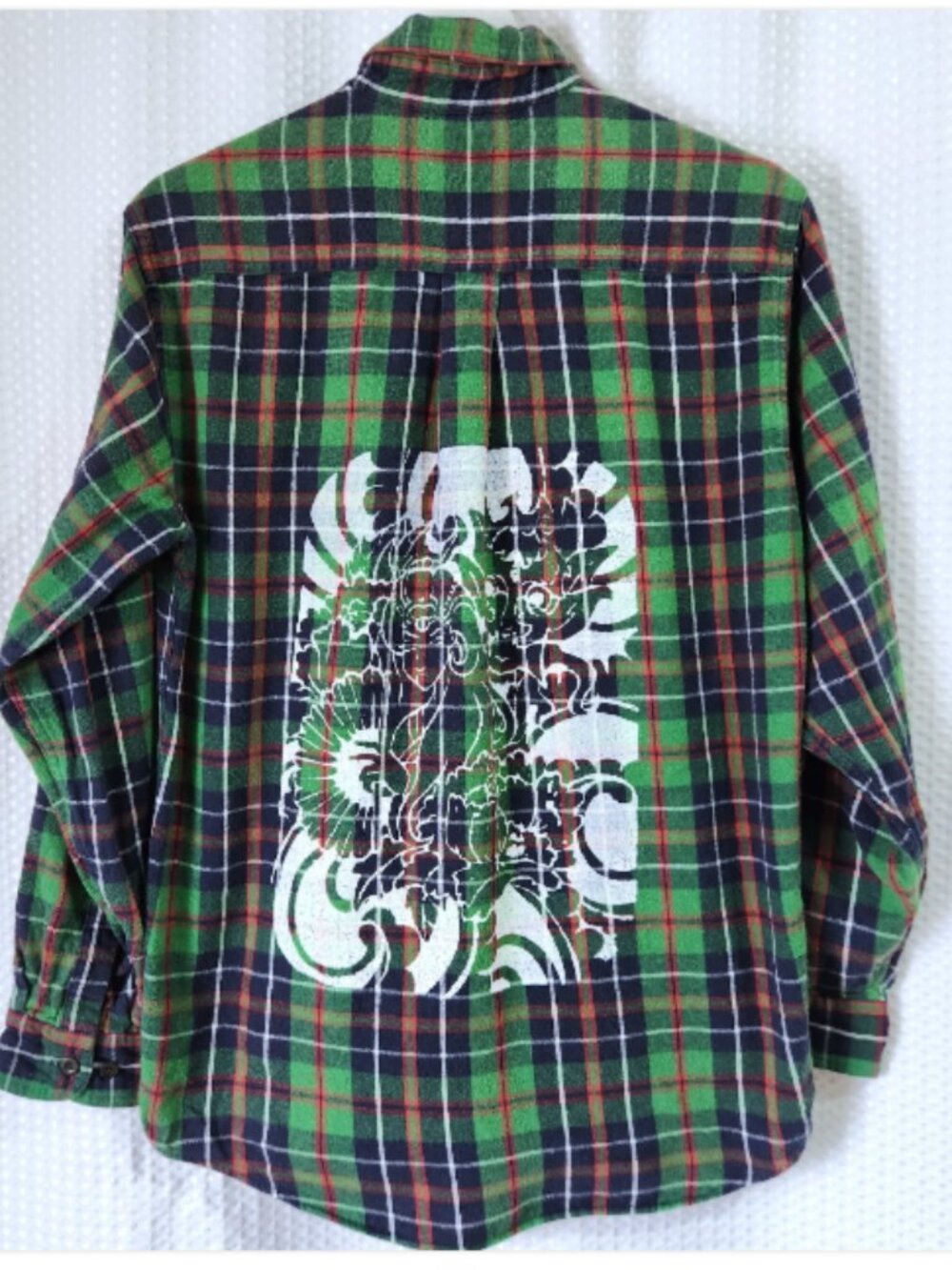 Vintage LL Bean Flannel Shirt Mens Small Green Plaid Back Graphic Art Custom 120